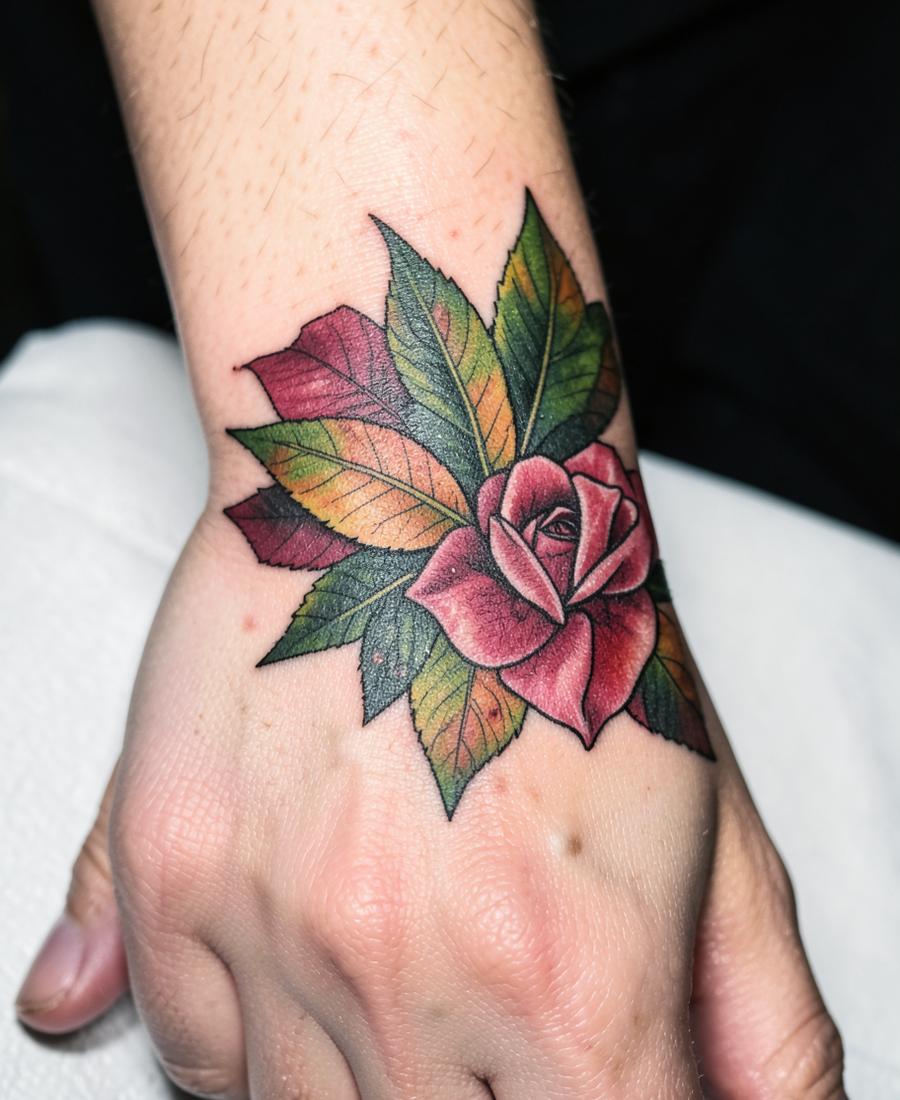 Hand Rose with Colour Leaves